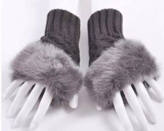 Grey fingerless gloves trimmed with faux fur