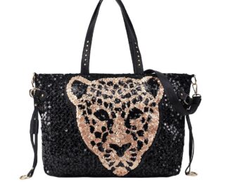 Leopard Head Black and Gold Sequin Handbag