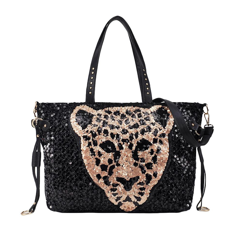 Leopard Head Black and Gold Sequin Handbag