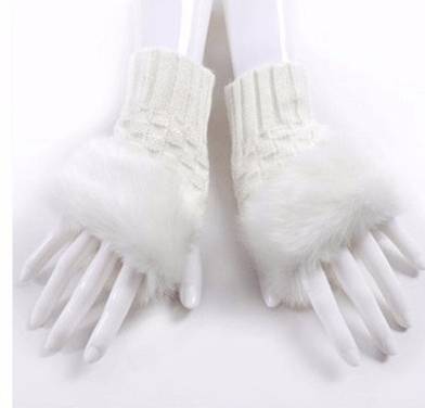 White faux fur fingerless gloves