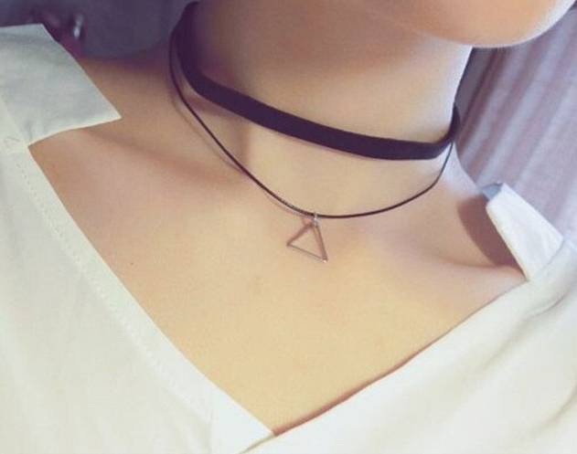 Dual black choker necklace with triangle pendant
